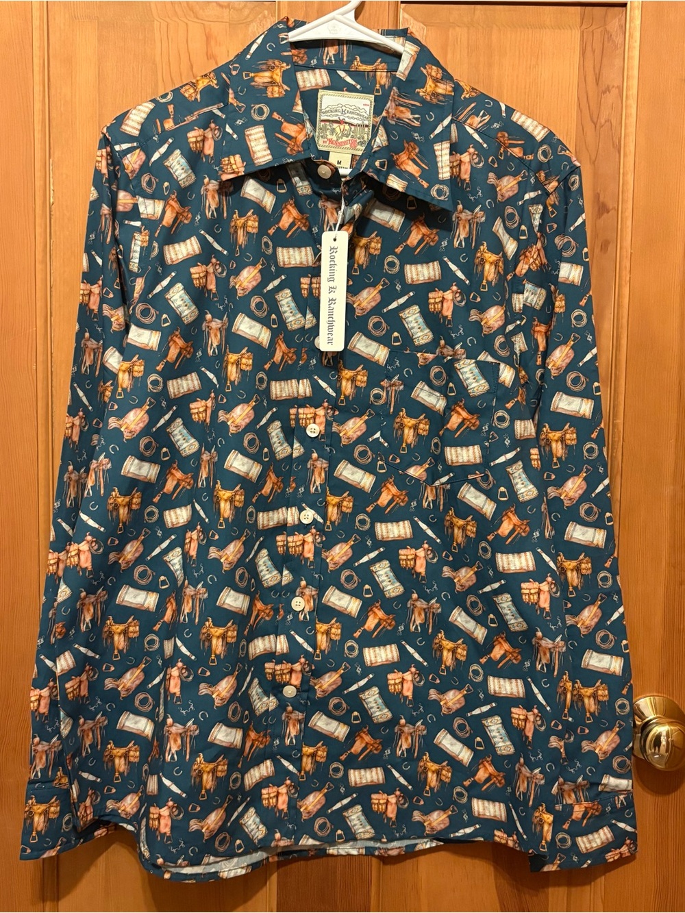 NWT Rocking K Ranchwear by Kennington Western Cowboy AOP Blue Button Up Size M